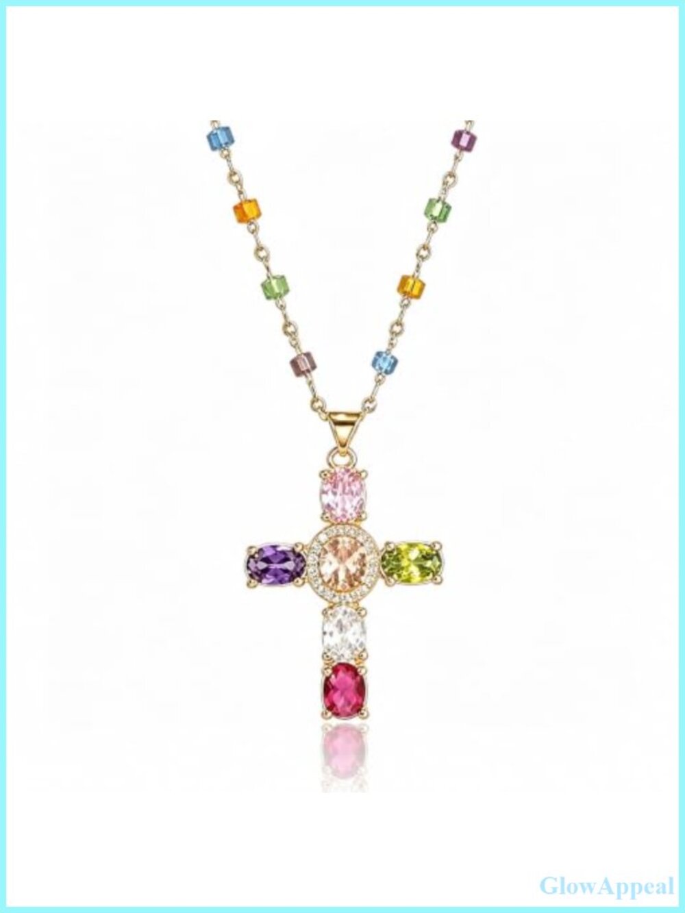 Rainbow Cross Pendant Necklace Beaded Choker for Women Retro Party
